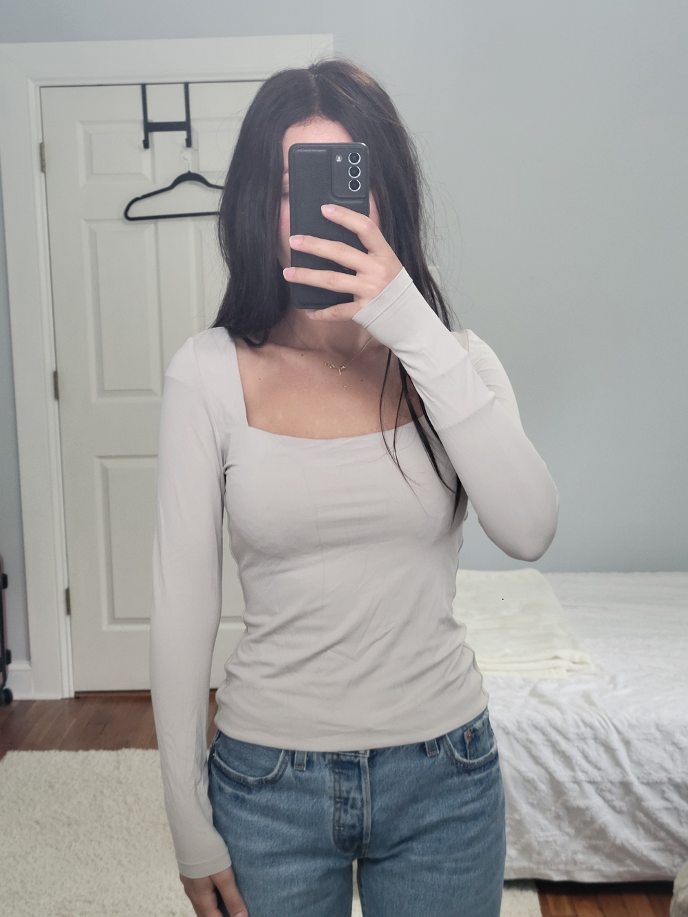 Long-Sleeve Square Neck Top in Light Beige